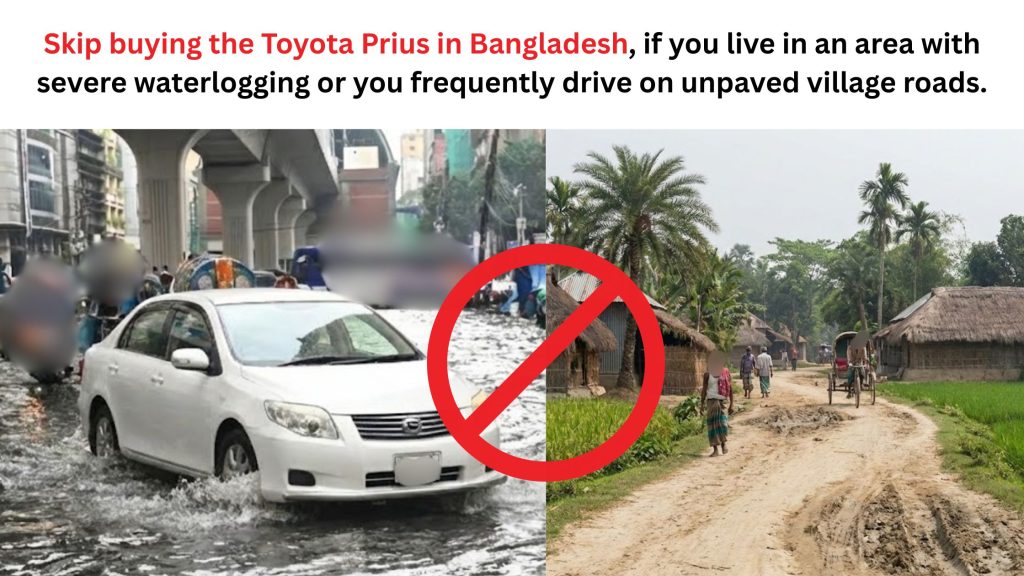 Split screen comparison showing a car driving through a waterlogged street in Dhaka and a rough unpaved village road, illustrating why to skip the Toyota Prius in Bangladesh.