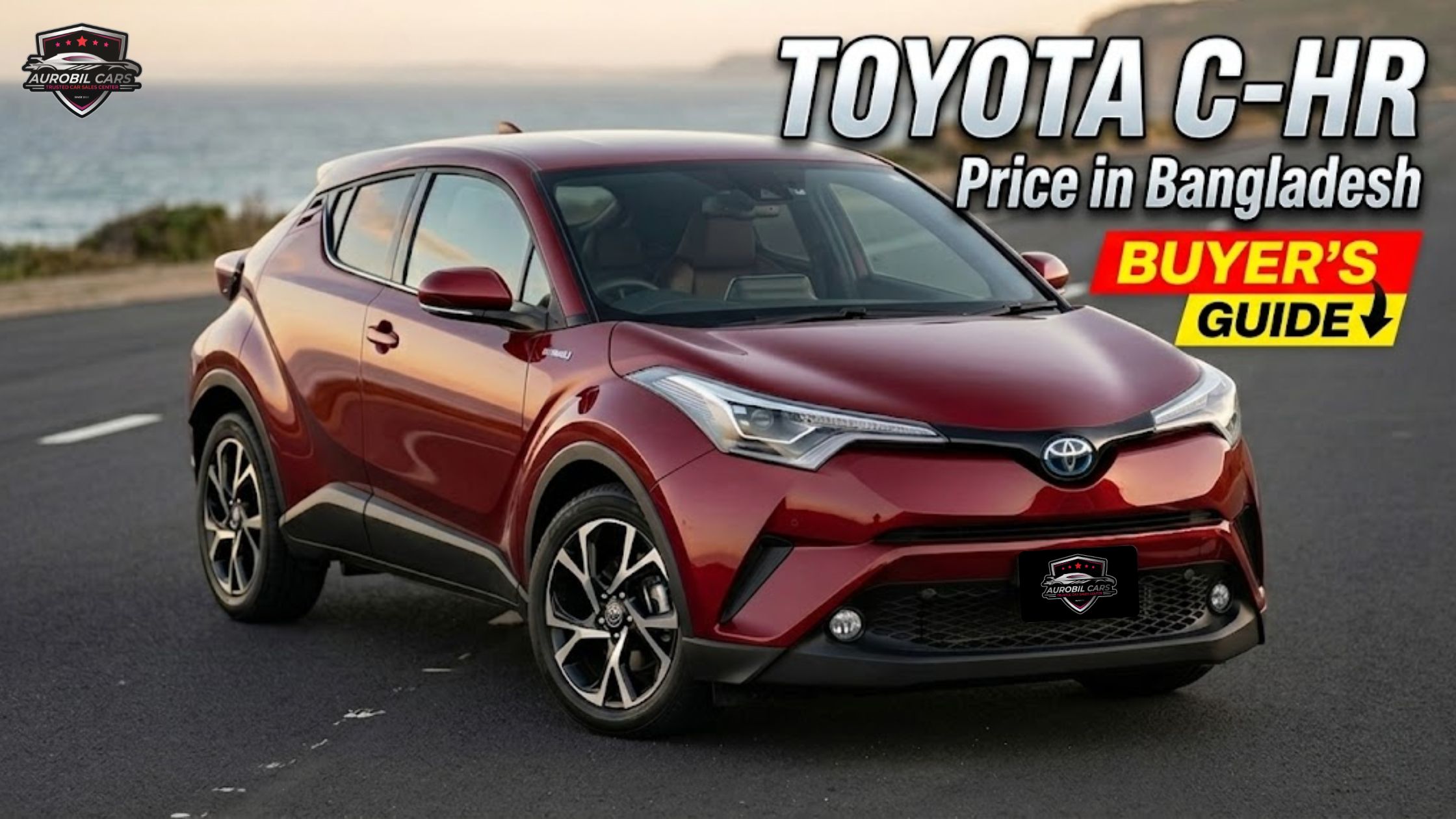 Red Toyota C-HR parked on a coastal road - Aurobil Cars buyer's guide for Bangladesh.